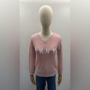 DKNY Pink Knit Sweater V-Neck Logo Sequin Front Open Back Detail Size S